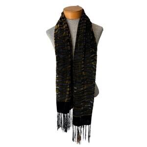Rikka Scarf Womens 62" x 20" Green Black Velvet Brocaded Zebra Fringe Sheer